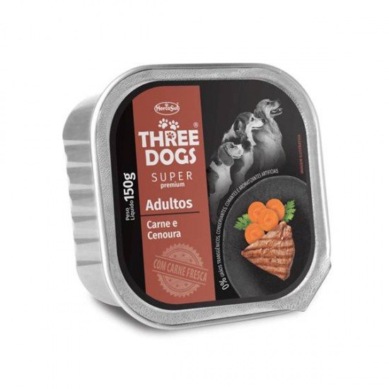RAÇÃO ÚMIDA PATÊ THREE DOGS PARA CÃES ADULTOS SABOR CARNE E CENOURA 150G