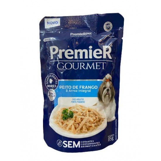RAÇÃO ÚMIDA PREMIER GOURMET PARA CÃES SABOR PEITO DE FRANGO E ARROZ INTEGRAL 85 G