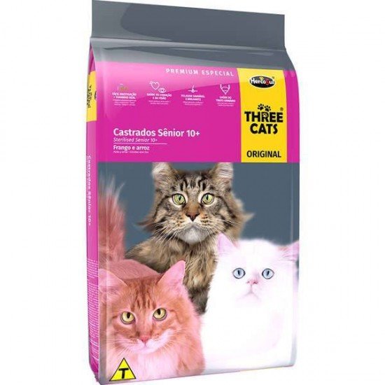 RAÇÃO SECA THREE CATS FRANGO E ARROZ GATOS SÊNIOR CASTRADOS 10+