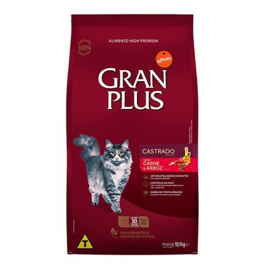 RAÇÃO GRANPLUS PARA GATOS ADULTOS CASTRADOS SABOR CARNE E ARROZ 10KG 10X1