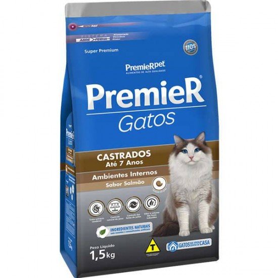 RAÇÃO PREMIER AMBIENTES INTERNOS PARA GATOS ADULTOS CASTRADOS ATÉ 7 ANOS SABOR SALMÃO