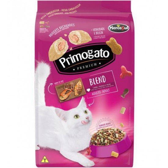 RAÇÃO SECA PRIMOGATO PREMIUM BLEND CARNE, FRANGO E PEIXE PARA GATOS ADULTOS