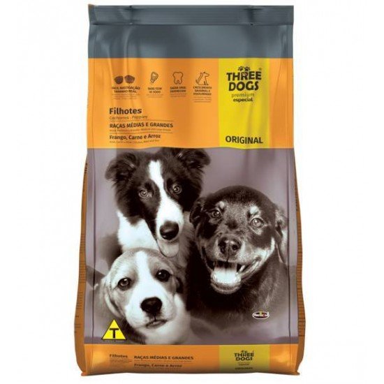 RAÇÃO THREE DOGS ORIGINAL FRANGO, CARNE E ARROZ PARA CÃES FILHOTES RAÇAS MÉDIAS E GRANDES 15KG