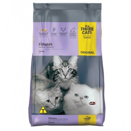 RAÇÃO THREE CATS ORIGINAL SABOR CARNE PARA GATOS FILHOTES 1KG