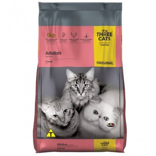 RAÇÃO THREE CATS ORIGINAL SABOR CARNE PARA GATOS ADULTOS
