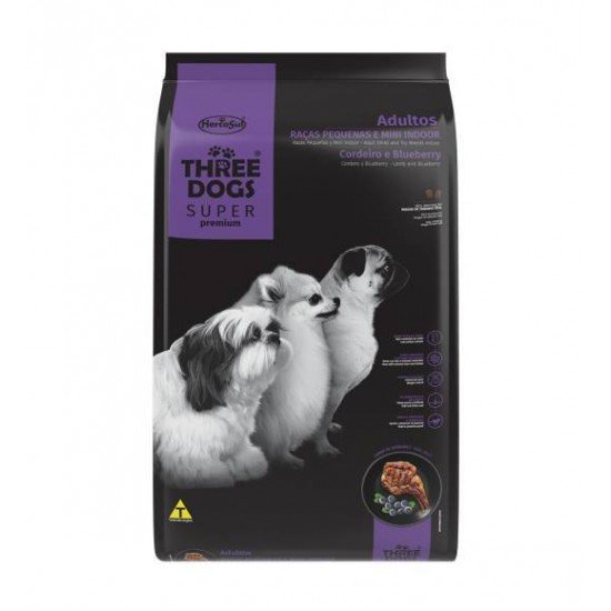 RAÇÃO SECA THREE DOGS SUPER PREMIUM CORDEIRO E BLUEBERRY PARA CÃES ADULTOS RAÇAS PEQUENAS E MINI INDOOR