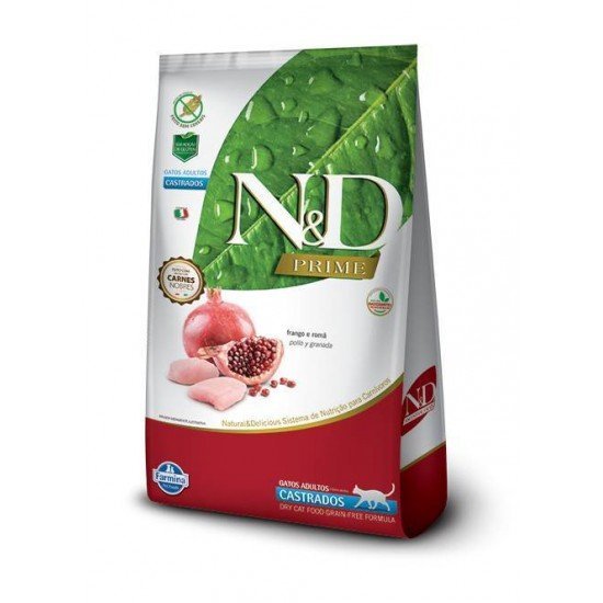 RAÇÃO FARMINA N&D PRIME PARA GATOS CASTRADOS SABOR FRANGO E ROMÃ