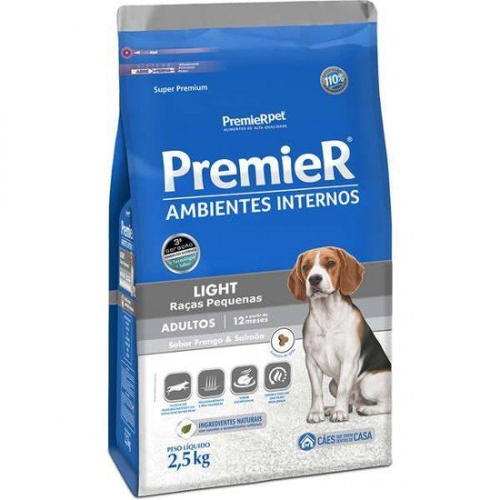 RAÇÃO PREMIER AMBIENTES INTERNOS LIGHT PARA CÃES ADULTOS SABOR FRANGO E SALMÃO