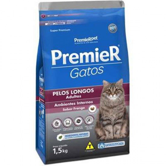 RAÇÃO PREMIER AMBIENTES INTERNOS PELOS LONGOS PARA GATOS ADULTOS SABOR FRANGO