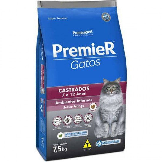RAÇÃO PREMIER AMBIENTES INTERNOS PARA GATOS ADULTOS CASTRADOS DE 7 A 12 ANOS SABOR FRANGO 7,5KG