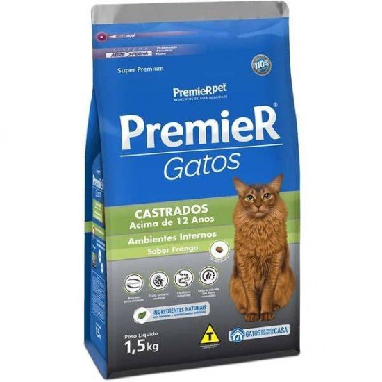 RAÇÃO PREMIER AMBIENTES INTERNOS PARA GATOS ADULTOS CASTRADOS 12+ SABOR FRANGO 1,5KG
