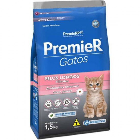 RAÇÃO PREMIER AMBIENTES INTERNOS PELOS LONGOS PARA GATOS FILHOTES SABOR SALMÃO 1,5KG