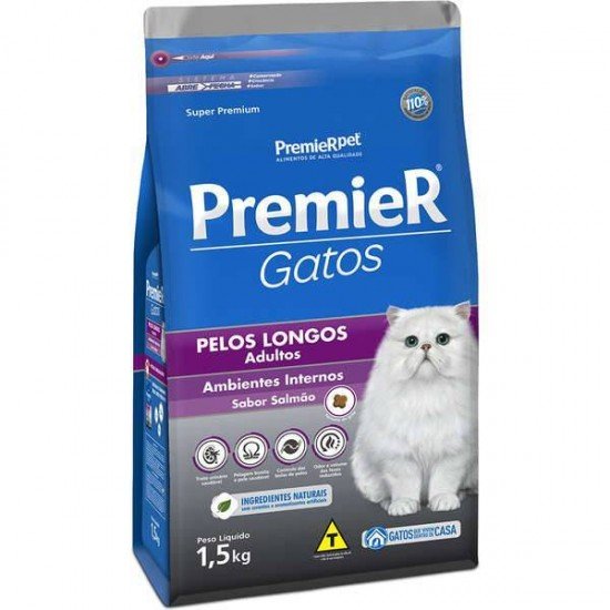 RAÇÃO PREMIER AMBIENTES INTERNOS PELOS LONGOS PARA GATOS ADULTOS SABOR SALMÃO 1,5KG