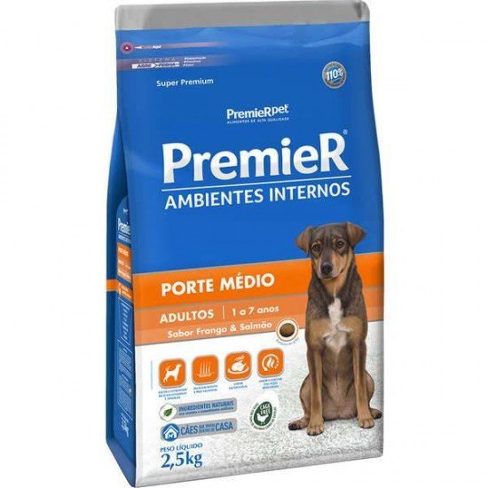 RAÇÃO PREMIER AMBIENTES INTERNOS PARA CÃES ADULTOS DE MÉDIO PORTE SABOR FRANGO E SALMÃO