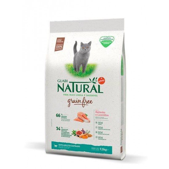 RAÇÃO PARA GATOS CASTRADOS GUABI NATURAL GRAIN FREE SALMÃO E LENTILHA