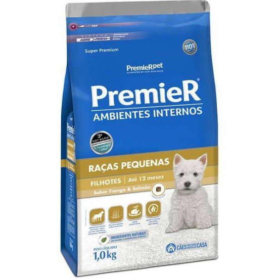 RAÇÃO PREMIER PARA CÃES FILHOTES DE RAÇAS PEQUENAS AMBIENTES INTERNOS SABOR FRANGO E SALMÃO