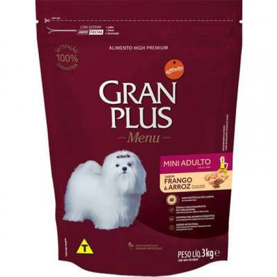 RAÇÃO GRAN PLUS RAÇAS PEQUENAS PARA CACHORRO ADULTO SABOR FRANGO E ARROZ 3KG