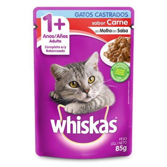 RAÇÃO ÚMIDA WHISKAS PARA GATOS CASTRADOS SACHÊ SABOR CARNE - 85G