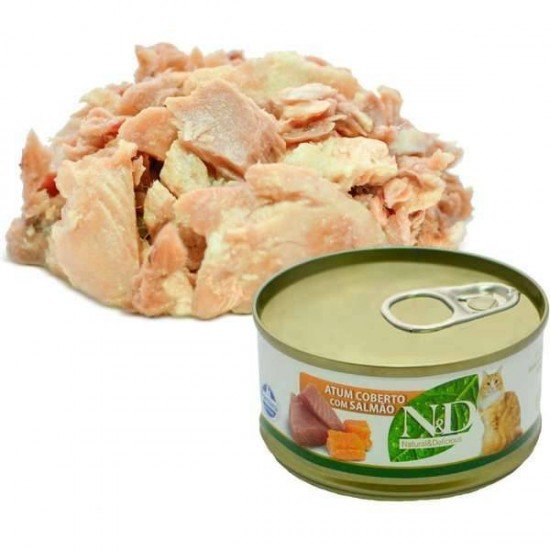 A RAÇÃO FARMINA N&D ÚMIDA DE ATUM E SALMÃO PARA GATOS - 70 G