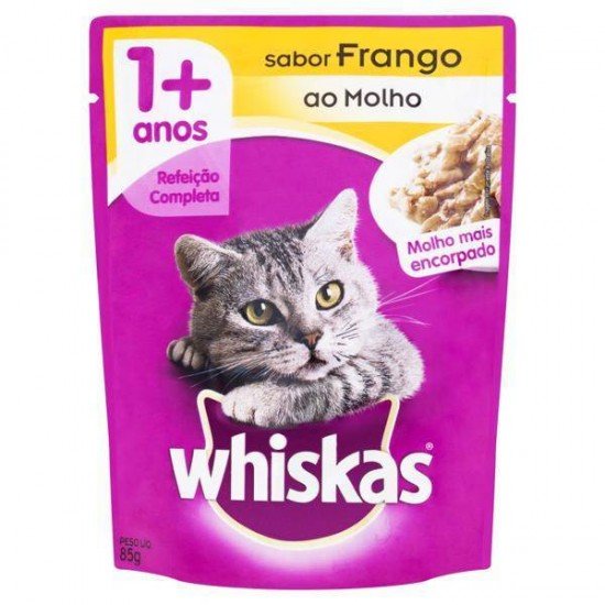 RAÇÃO ÚMIDA WHISKAS SACHÊ PARA GATOS ADULTOS SABOR FRANGO AO MOLHO - 85G