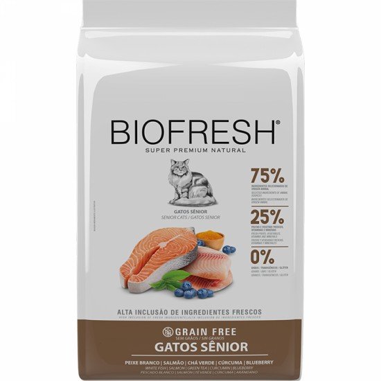 Ração Seca Biofresh Peixe Branco, Salmão, Chá Verde, Cúrcuma e Blueberry para Gatos Sênior