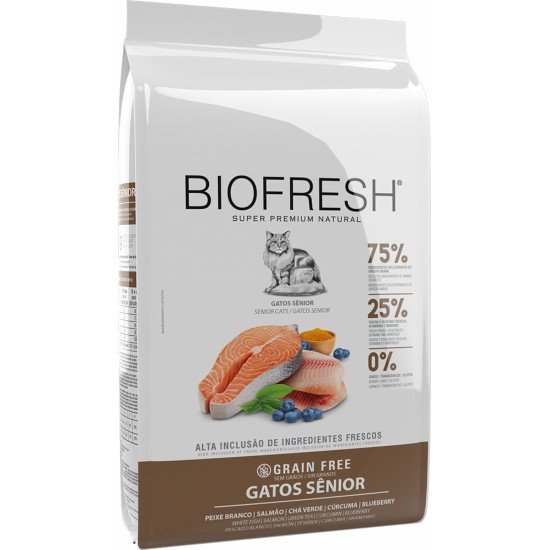 Ração Seca Biofresh Peixe Branco, Salmão, Chá Verde, Cúrcuma e Blueberry para Gatos Sênior