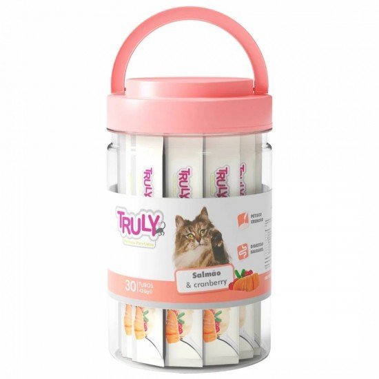 Petisco para gato Truly creamy salmão e cranberry pote com 30 tubos 14gx30 420g