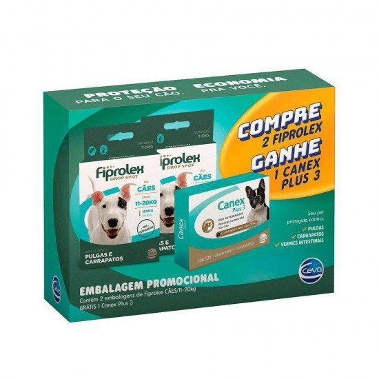 KIT FIPROLEX ANTIPULGAS CÃES 11 A 20KG E VERMÍFUGO CANEX PLUS