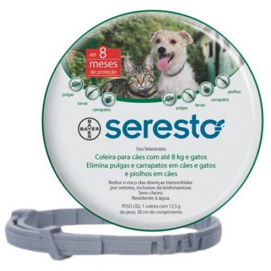 COLEIRA ANTIPULGAS E CARRAPATOS BAYER SERESTO PARA CÃES E GATOS ATÉ 8 KG