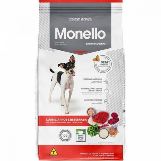 RAÇÃO SECA MONELLO CARNE, ARROZ E BETERRABA PARA CÃES ADULTOS RAÇAS PEQUENAS