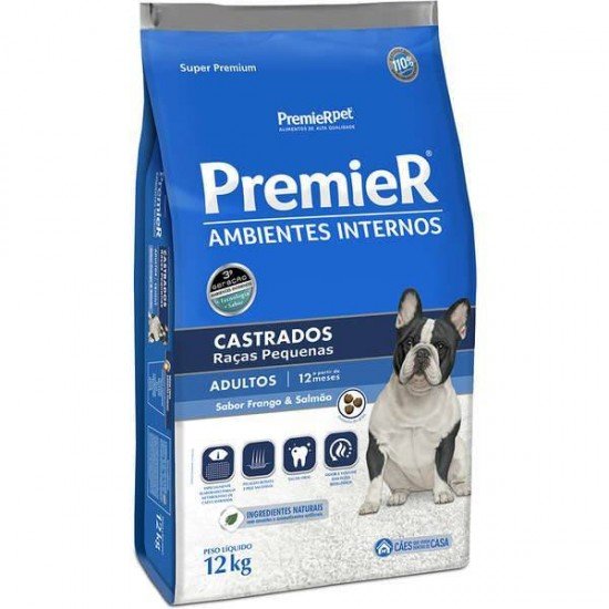 RAÇÃO PREMIER AMBIENTES INTERNOS PARA CÃES ADULTOS CASTRADOS SABOR FRANGO E SALMÃO 12KG