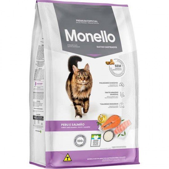 RAÇÃO SECA MONELLO PERU E SALMÃO PARA GATOS ADULTOS CASTRADOS