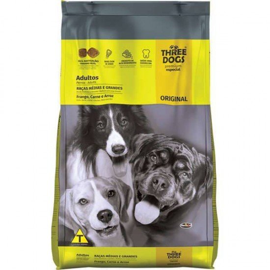 RAÇÃO THREE DOGS ORIGINAL FRANGO, CARNE E ARROZ PARA CÃES ADULTOS RAÇAS MÉDIAS E GRANDES