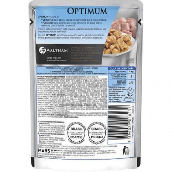RAÇÃO UMIDA OPTIMUM SACHÊ PARA GATOS CASTRADOS SABOR FRANGO - 85G