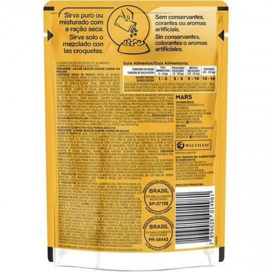 RAÇÃO ÚMIDA PEDIGREE SACHÊ CARNE AO MOLHO PARA CÃES SÊNIOR 7 + ANOS 100G