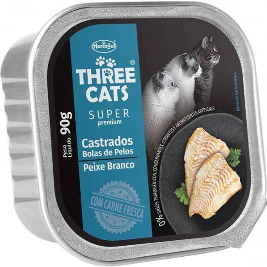 RAÇÃO ÚMIDA THREE CATS BOLAS DE PELOS SUPER PREMIUM PATÊ PEIXE BRANCO PARA GATOS CASTRADOS