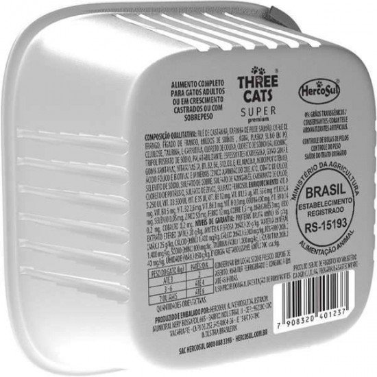 RAÇÃO ÚMIDA THREE CATS BOLAS DE PELOS SUPER PREMIUM PATÊ PEIXE BRANCO PARA GATOS CASTRADOS