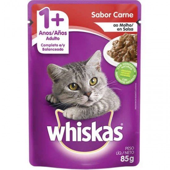 RAÇÃO ÚMIDA WHISKAS SACHÊ PARA GATOS ADULTOS SABOR CARNE AO MOLHO - 85G