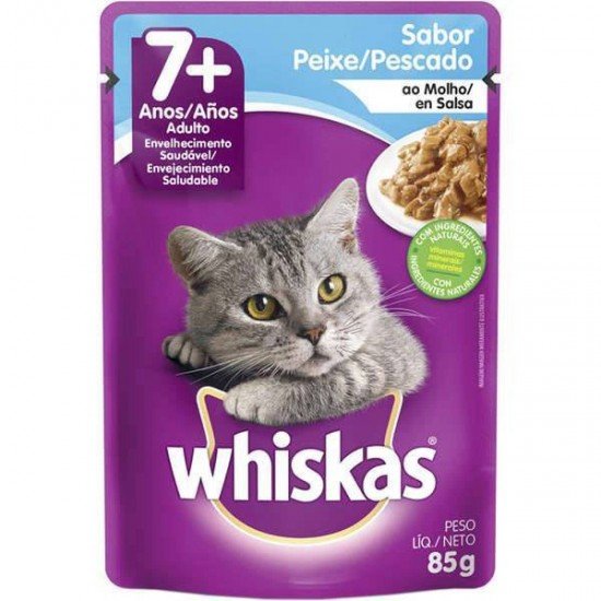 RAÇÃO ÚMIDA WHISKAS PARA GATOS ADULTOS 7+ ANOS SACHÊ SABOR PEIXE AO MOLHO - 85G