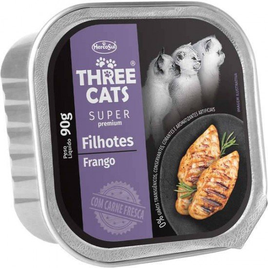 RAÇÃO ÚMIDA THREE CATS SUPER PREMIUM PATÊ FRANGO PARA GATOS FILHOTES 90G