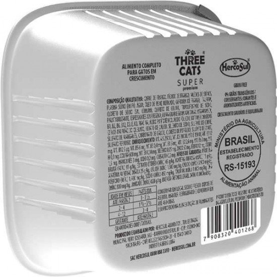 RAÇÃO ÚMIDA THREE CATS SUPER PREMIUM PATÊ FRANGO PARA GATOS FILHOTES 90G