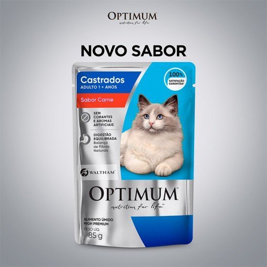 Ração Úmida Optimum Sachê para Gatos Castrados Sabor Carne 85g
