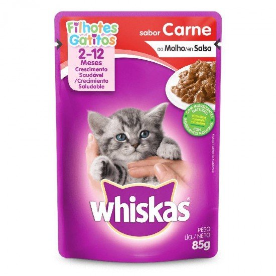 RAÇÃO ÚMIDA WHISKAS SACHÊ PARA GATOS FILHOTES SABOR CARNE AO MOLHO - 85G