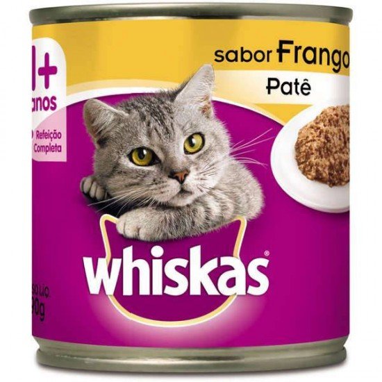 RAÇÃO ÚMIDA WHISKAS LATA PATÊ DE FRANGO PARA GATOS ADULTOS 290G