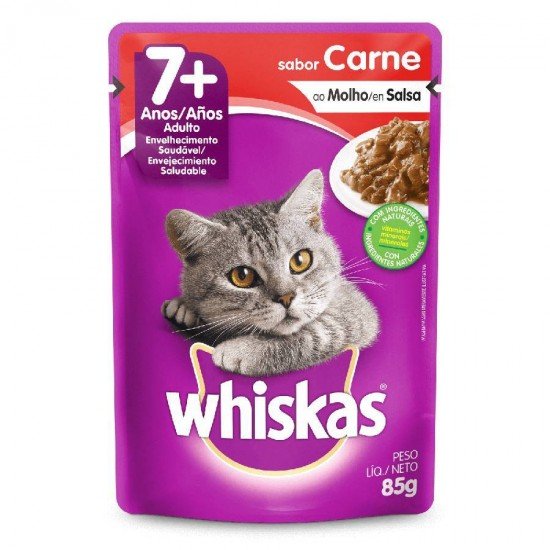 RAÇÃO ÚMIDA WHISKAS PARA GATOS ADULTOS 7+ ANOS SACHÊ SABOR CARNE AO MOLHO - 85G